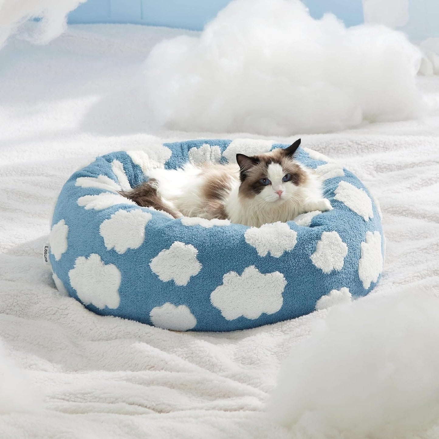 Lesure Calming Donut Bed for Dog/Cat - Cozy Clouds Blue Pet Bed Lesure