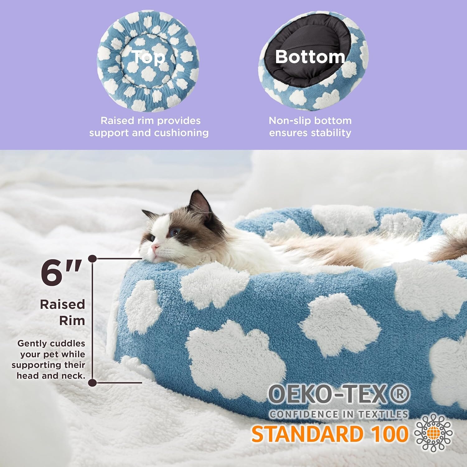 Lesure Calming Donut Bed for Dog/Cat - Cozy Clouds Blue Pet Bed Lesure